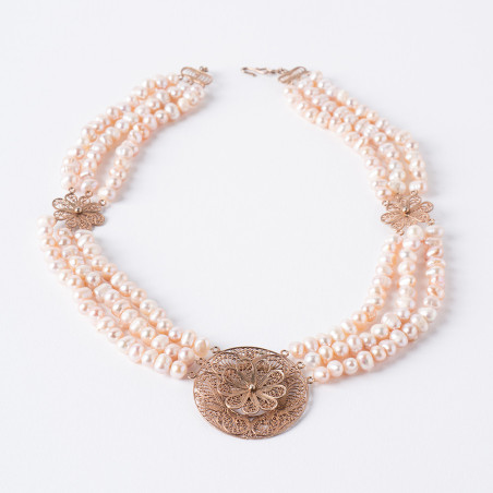 Collier perle de culture rose et filligrane en OR 9K