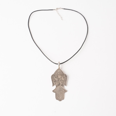 Collier amulette houta/khomsa en cuir et en argent