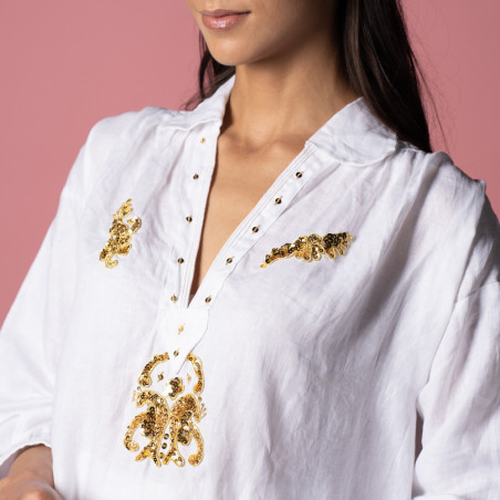 Robe effet blouse djerbienne en lin Brodée