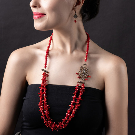 Collier Corail Rouge motif Bronze avec Boucles D'Oreilles 