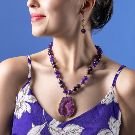 Collier Avec Pierre Violet avec Boucles D'Oreilles