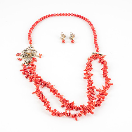 Collier Corail Rouge motif Bronze avec Boucles D'Oreilles 