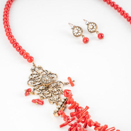 Collier Corail Rouge motif Bronze avec Boucles D'Oreilles 