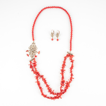 Collier Corail Rouge motif Bronze avec Boucles D'Oreilles 