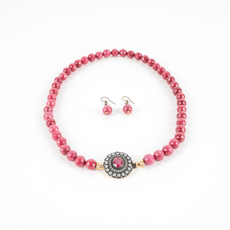 Collier Rouge Motif Bronze avec Boucles D'Oreilles 