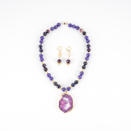 Collier Avec Pierre Violet avec Boucles D'Oreilles