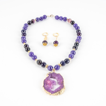 Collier Avec Pierre Violet avec Boucles D'Oreilles