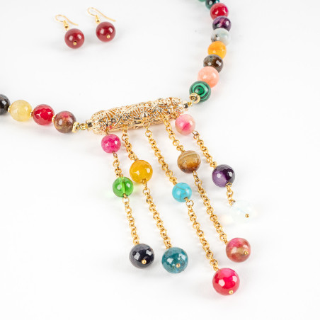 Collier De Perles Multicouleurs Avec Boucles D'Oreilles Rouges