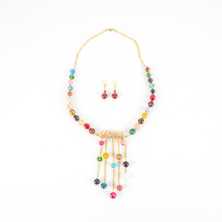 Collier De Perles Multicouleurs Avec Boucles D'Oreilles Rouges