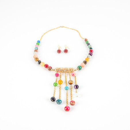 Collier De Perles Multicouleurs Avec Boucles D'Oreilles Rouges