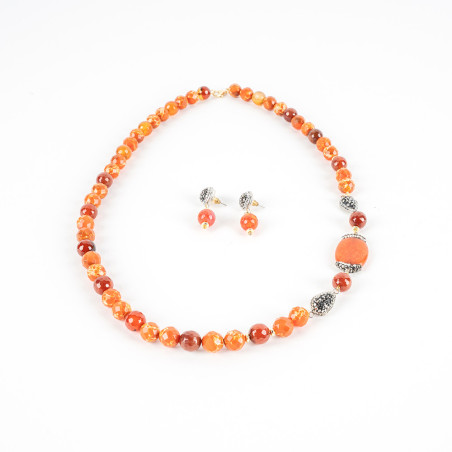 Collier De Perles Orangé Avec Boucles D'Oreilles